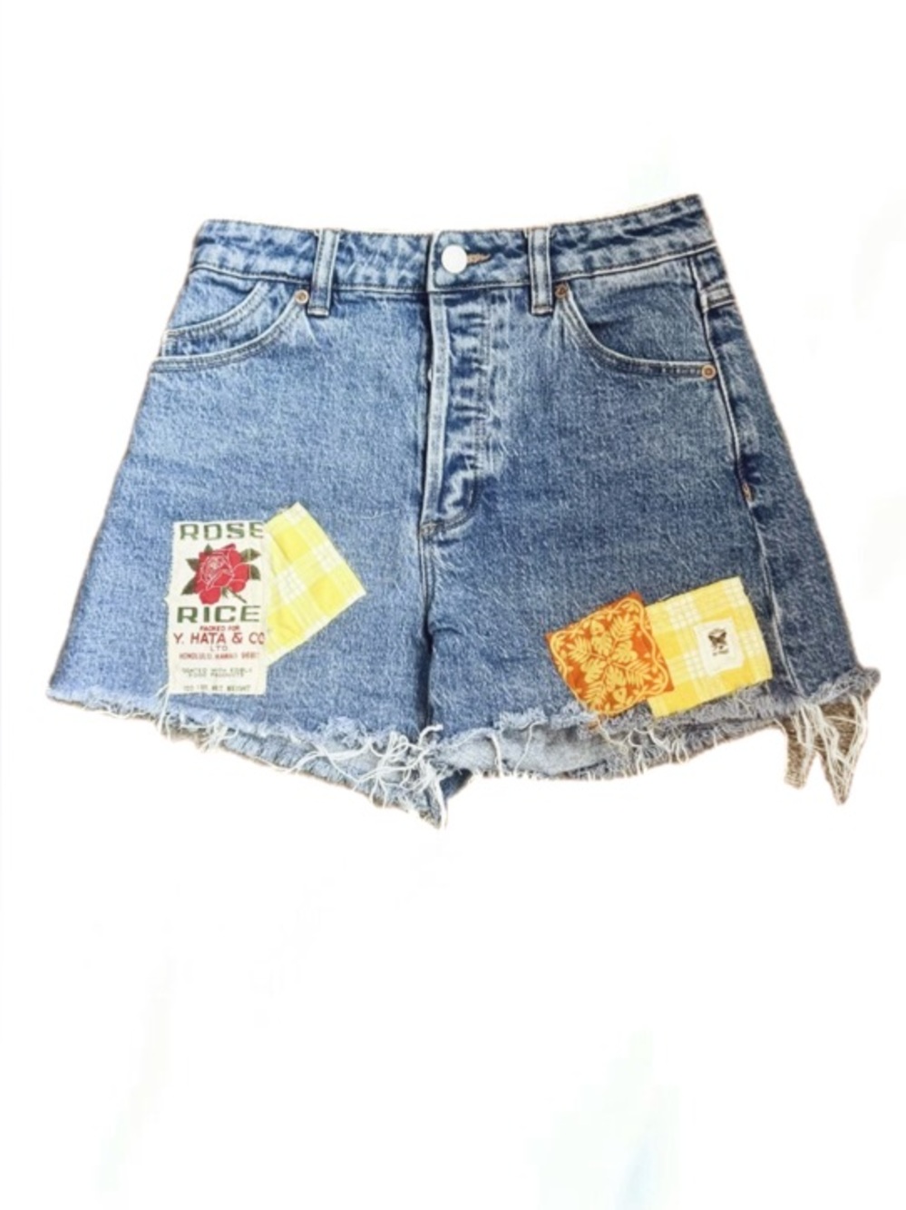 Denim Patchwork Cutoff Shorts Upcycled with Hawaiian Patches